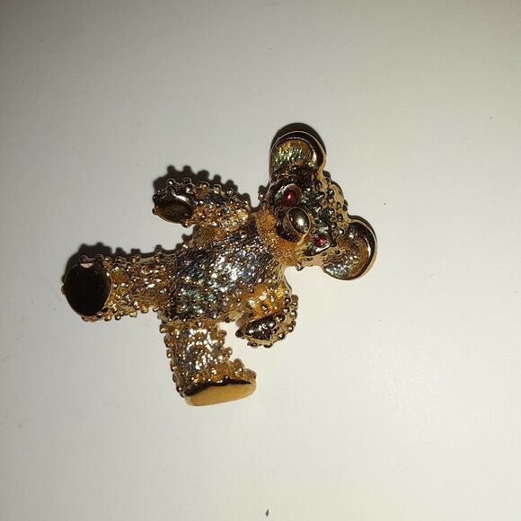VINTAGE SIGNED Teddy Bear Brooch Heavy Red Rhinestone eyes - Picture 8 of 10